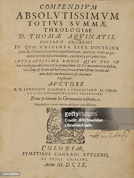 Illuminated manuscript of 13th century Latin book written by Saint Thomas Aquinas entitled "Compendium absolutissium totius summae theologiae", 2013....