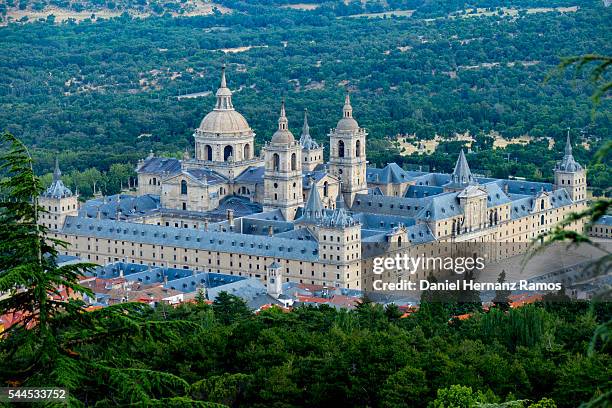 distant view of monasterio de el escorial, madrid. spain. aerial view - madrid aerial stock pictures, royalty-free photos & images