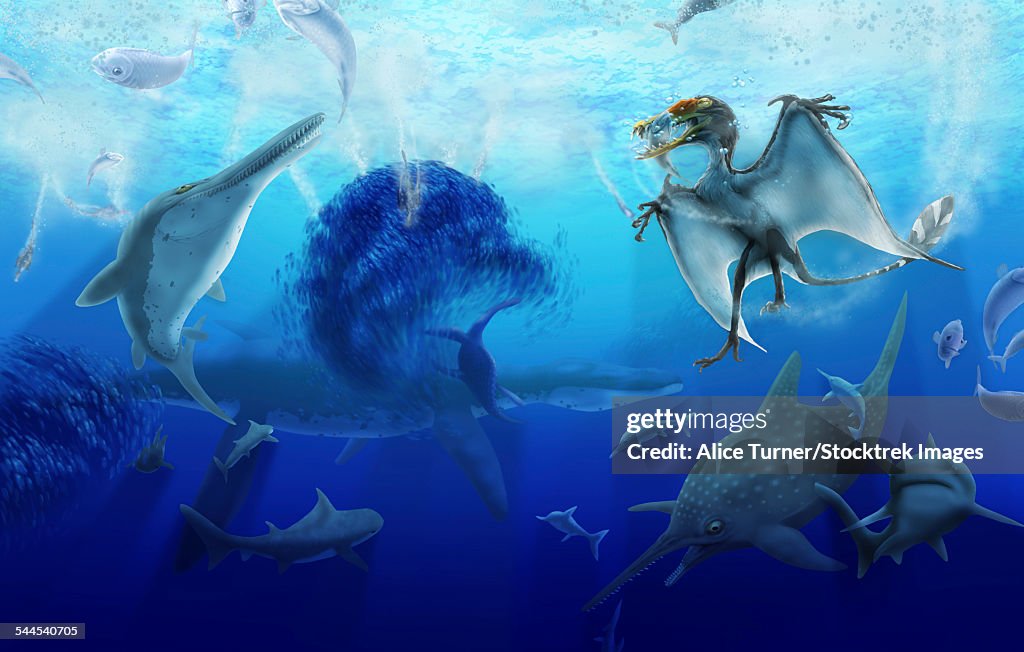 Early Jurassic European pelagic scene with various extinct animals.