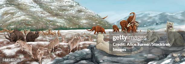 british landscape with various prehistoric animals. - tier verteidigung stock-grafiken, -clipart, -cartoons und -symbole