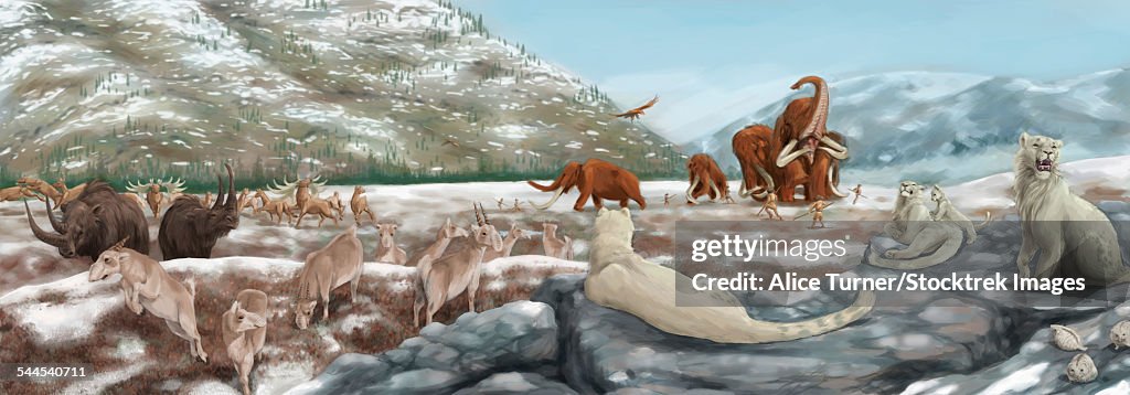 British landscape with various prehistoric animals.