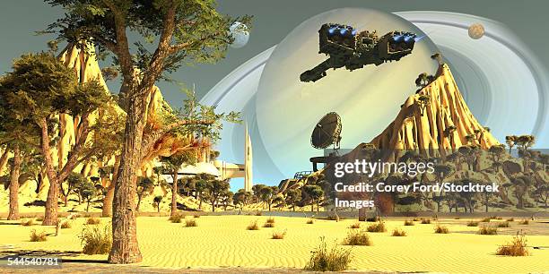 stockillustraties, clipart, cartoons en iconen met earth colonists set up a spaceport for incoming on saturns moon titan. - ruimtehaven