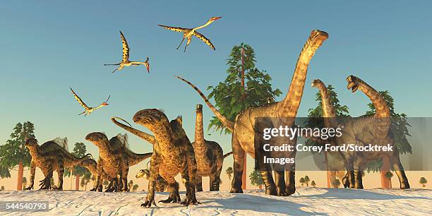 Tenontosaurus And Argentinosaurus Dinosaurs Migrating In Search Of Water High-Res Vector Graphic