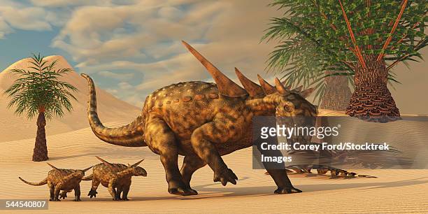 ilustraciones, imágenes clip art, dibujos animados e iconos de stock de a sauropelta mother leads her offspring in a desert area of north america. - scute