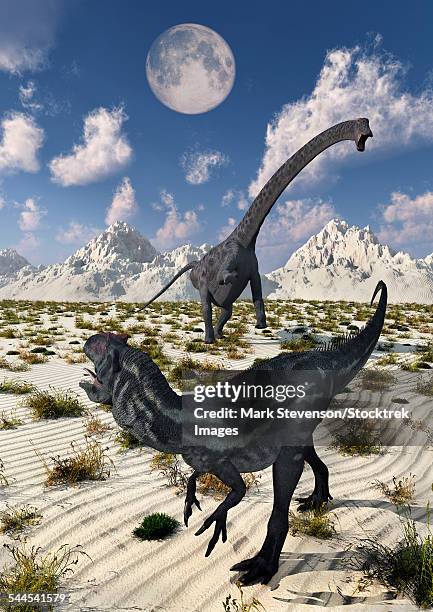 stockillustraties, clipart, cartoons en iconen met a carnivorous allosaurus confronting a giant diplodocus. - diplodocus