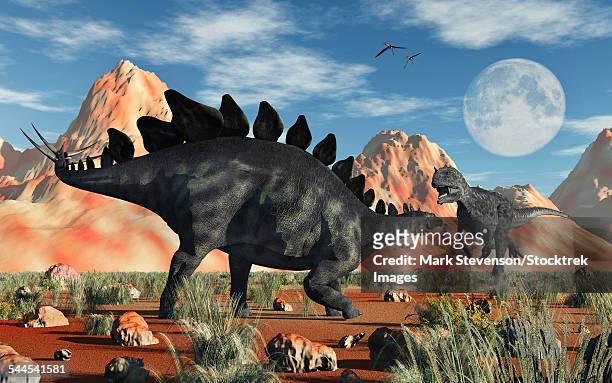 a stegosaurus defending itself from an attacking allosaurus. - thyreophora stock illustrations