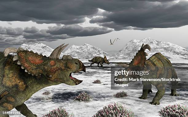 ilustraciones, imágenes clip art, dibujos animados e iconos de stock de albertaceratops during their winter migration. - permafrost