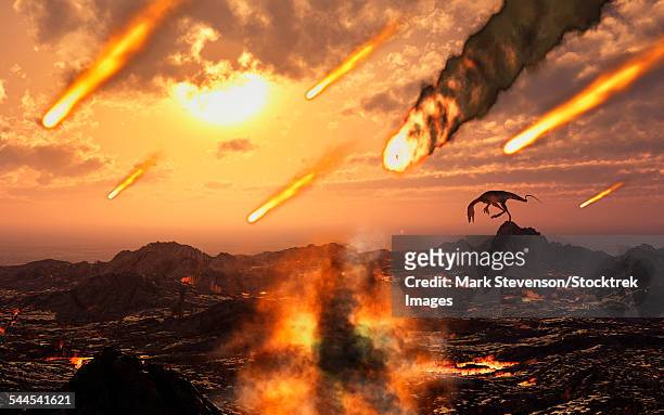 ilustraciones, imágenes clip art, dibujos animados e iconos de stock de a falling asteroid and meteorites mark the end of the dinosaurs rule of the earth. - jurásico