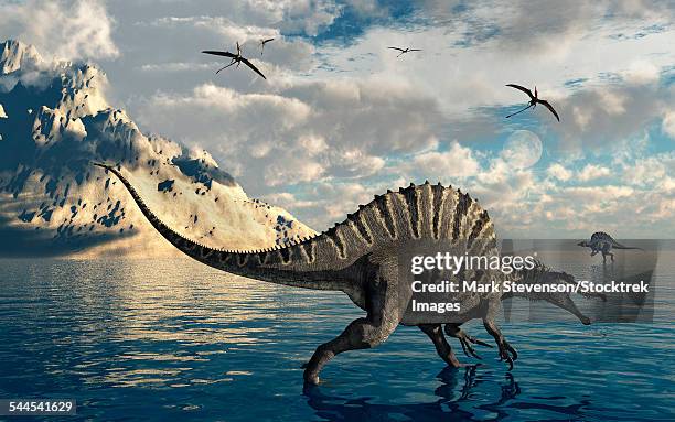 a pair of carnivorous spinosaurus hunting for fish during the cretaceous period. - 放牧地 幅插畫檔、美工圖案、卡通及圖標