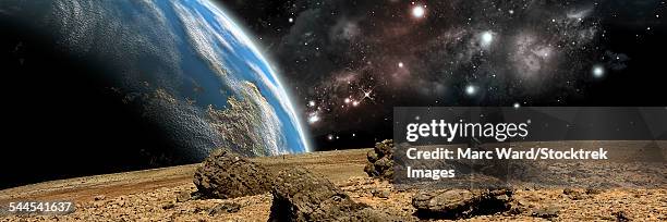 an earth-like planet rises over a rocky and barren alien world. - planetary geology stock illustrations