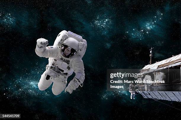 ilustraciones, imágenes clip art, dibujos animados e iconos de stock de a galactic scene showing astronauts working on space station. - paseo espacial