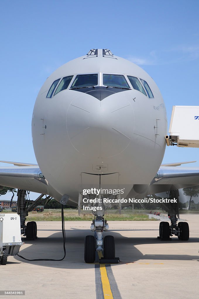 An Italian Air Force KC-767A tanker on the ramp at Pratica di Mare Air Base, Italy.