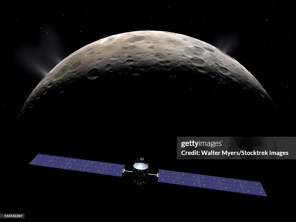 Artists concept of the Dawn spacecraft entering orbit around Ceres.