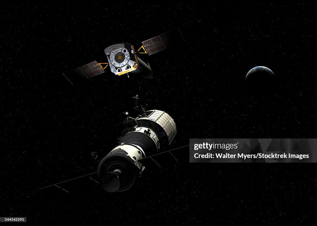 A manned orbital maintenance platform rendezvouses with Chandra X-ray Observatory.