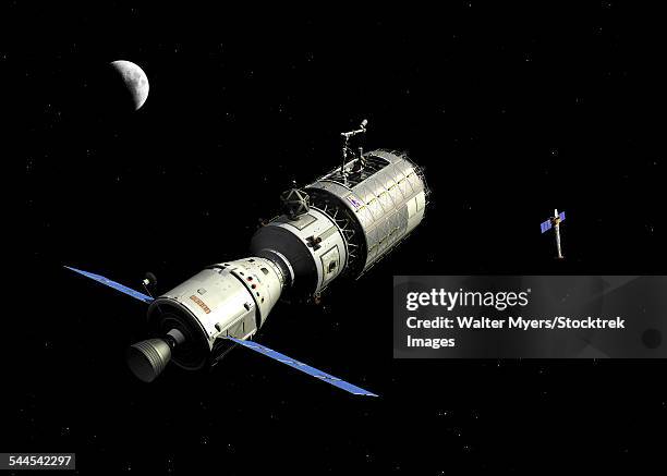 a manned orbital maintenance platform approaches the chandra x-ray observatory. - satellite view stock-grafiken, -clipart, -cartoons und -symbole