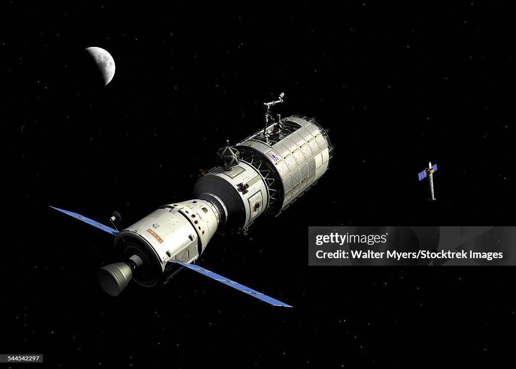 A manned orbital maintenance platform approaches the Chandra X-ray Observatory.