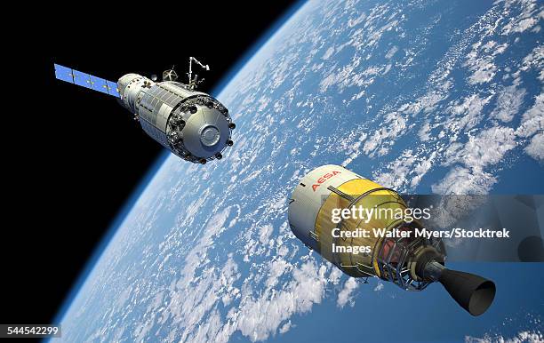 an orbital maintenance platform approaches an orbiting booster in low earth orbit. - space exploration capsule stock illustrations