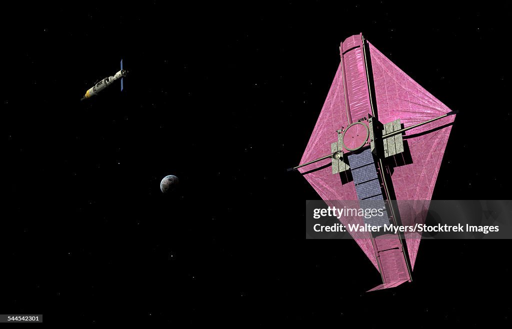 A manned orbital maintenance platform approaches the James Webb Space Telescope.