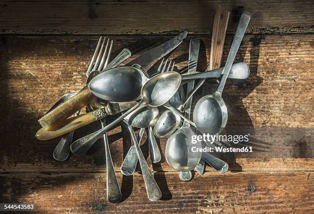 old forks and spoons - vintage silverware stock pictures, royalty-free photos & images