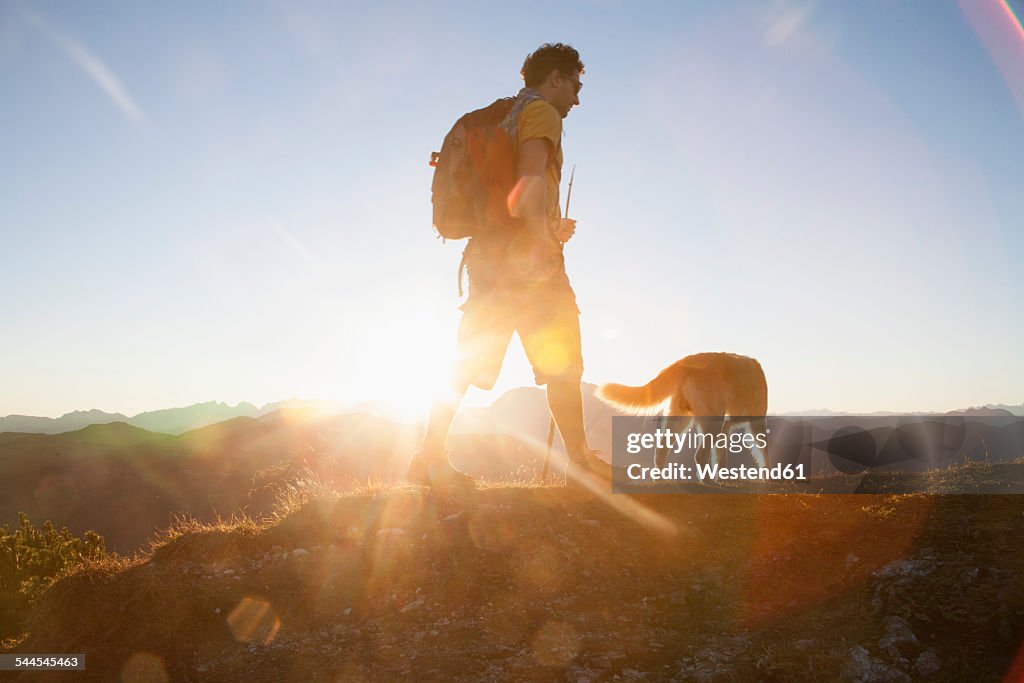 Austria, Tyrol, Unterberghorn, hiker with dog at sunrise