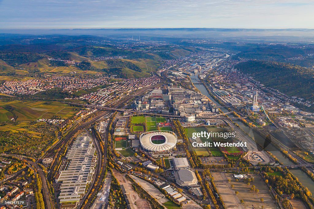 Germany, Baden-Wuerttemberg, Stuttgart, aerial view of Neckarpark with Mercedes-Benz Arena