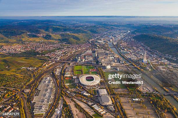 germany, baden-wuerttemberg, stuttgart, aerial view of neckarpark with mercedes-benz arena - mercedes benz arena stuttgart stock pictures, royalty-free photos & images