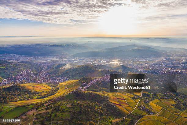 germany, baden-wuerttemberg, stuttgart, aerial view of neckar valley with vineyards - stuttgart stock-fotos und bilder