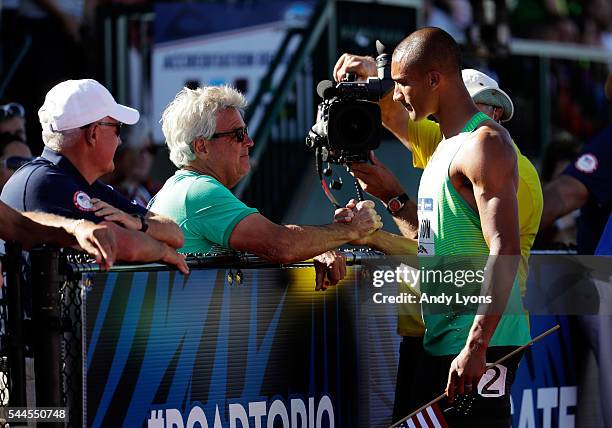 Ashton Eaton celebrates with coach Harry Marra after the Men's Decathlon during the 2016 U.S. Olympic Track & Field Team Trials at Hayward Field on...