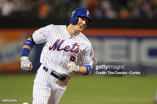 July 01: The delighted expression of Brandon Nimmo of the New York Mets as he rounds third base after hitting his first MLB home run, a three run...