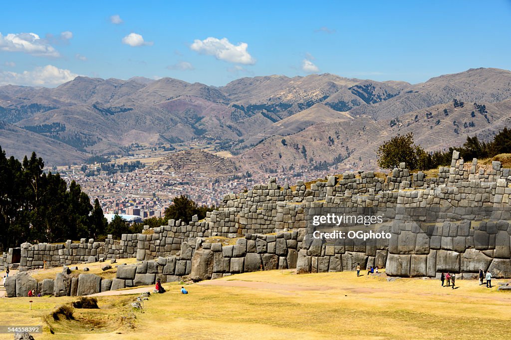 Tourists at the Incan archaelogical site of Saqsaywaman, Cusco, Peru