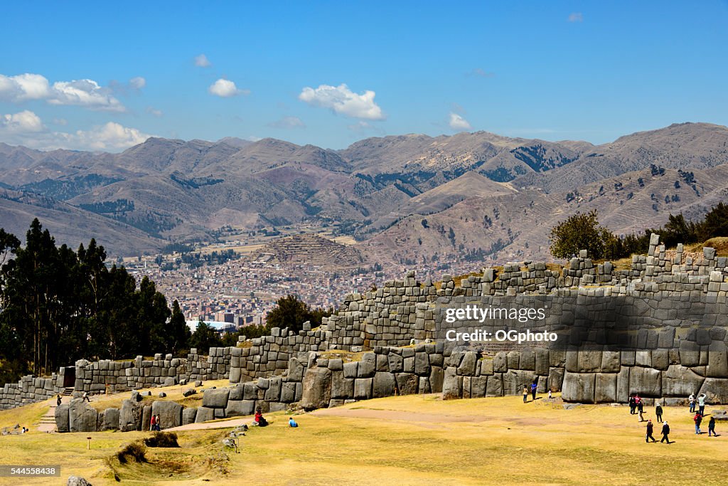 Tourists at the Incan archaelogical site of Saqsaywaman, Cusco, Peru