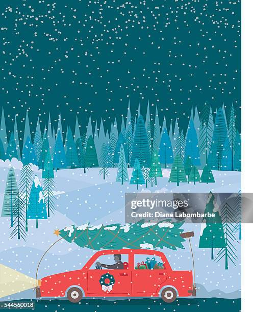 man driving cartoon auto mit einem weihnachtsbaum bei nacht - tangled christmas lights stock-grafiken, -clipart, -cartoons und -symbole