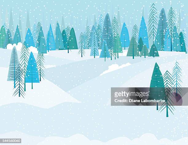 cute cartoon winter forest in a snowstrom - christmas scenes stock illustrations
