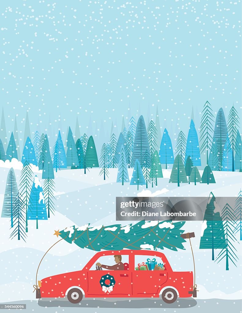 Cute Cartoon Car Driving With a Christmas Tree