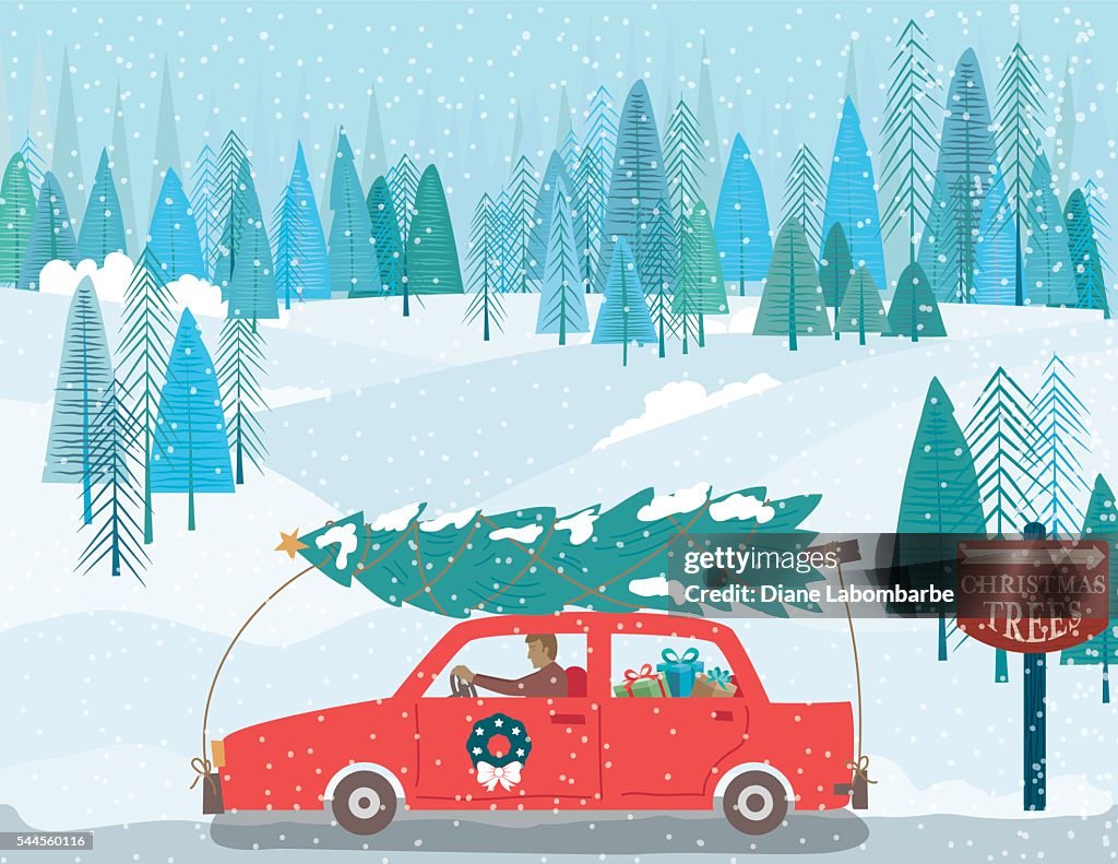 Cute Cartoon Car Driving With a Christmas Tree