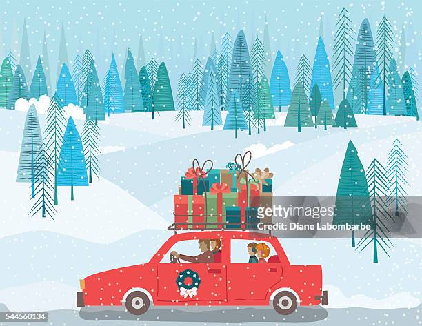 stockillustraties, clipart, cartoons en iconen met carrtoon family drving a car wih gifts on the roof - christmas driving