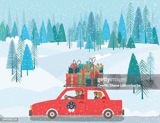 carrtoon family drving a car wih gifts on the roof - christmas driving stock illustrations