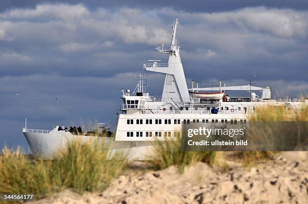 Germany Mecklenburg-Western Pomerania Rostock - Scandlines ferry 'Kronprins Frederik' is passing the port entrance Warnemuende