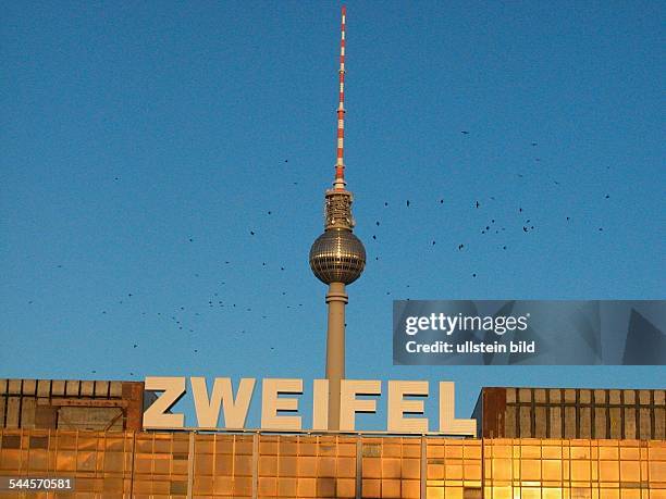 Deutschland, Berlin - Mitte: Kunstaktion des norwegischen Kuenstlers Lars Ramberg auf dem Palast der Republik Riesenbuchstaben ZWEIFEL an der Fassade...