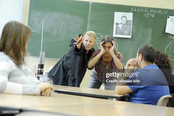 Federal Republic of Germany Berlin Schoeneberg - Deutsches Theater at Berlin schools showing the play: Mined Zone. A classroom play by Pamela Duerr,...