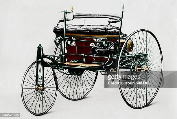 Germany - Benz Patent Motorwagen 1885. The first petrol-car, a three-wheels vehicle with combustion motor and electric detonator. - 1885 Digitally...