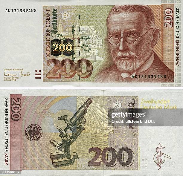 Deutschland, Geldwesen, Waehrung, Banknote, Geldschein, Deutsche Mark, Dritte Serie:Zweihundertmarkschein der Deutschen Bundesbank vom oben...