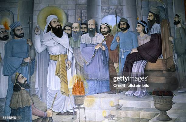 Persian religious leader, also known as Zarathustra. Founder of Zoroastrianism. Zoroaster speaking with Goshtasb, the King of Persia. Painting from a...