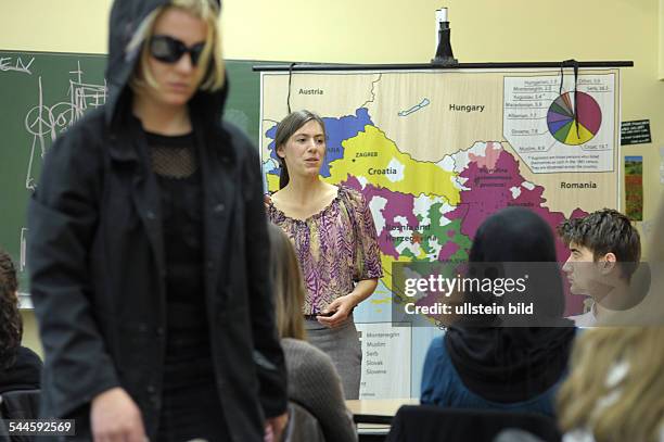 Federal Republic of Germany Berlin Schoeneberg - Deutsches Theater at Berlin schools showing the play: Mined Zone. A classroom play by Pamela Duerr,...