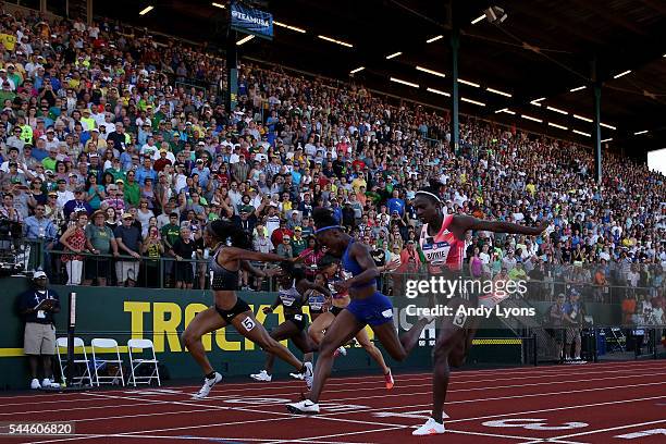 English Gardner, Tianna Bartoletta and Tori Bowie cross the finish line in the Women's 100 Meter Final during the 2016 U.S. Olympic Track & Field...