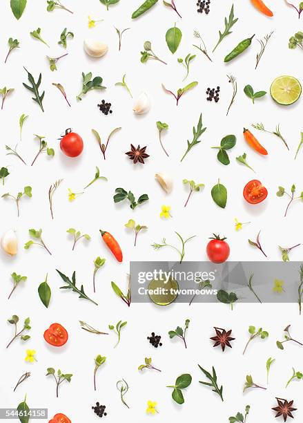 flat lay fresh vegetables, herbs and spices on white background. - herbs and spices stock pictures, royalty-free photos & images