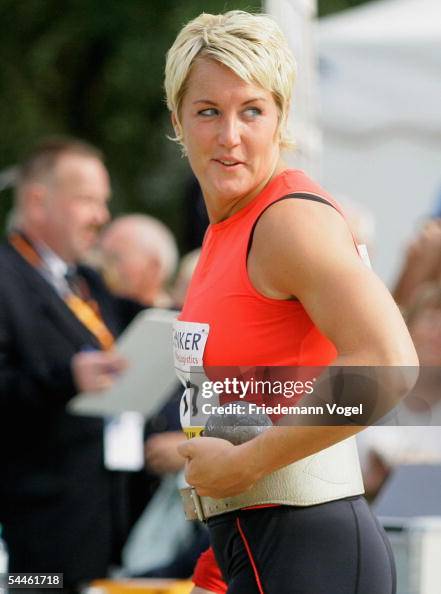 Astrid Kumbernuss of Germany in action during the shot put retiring