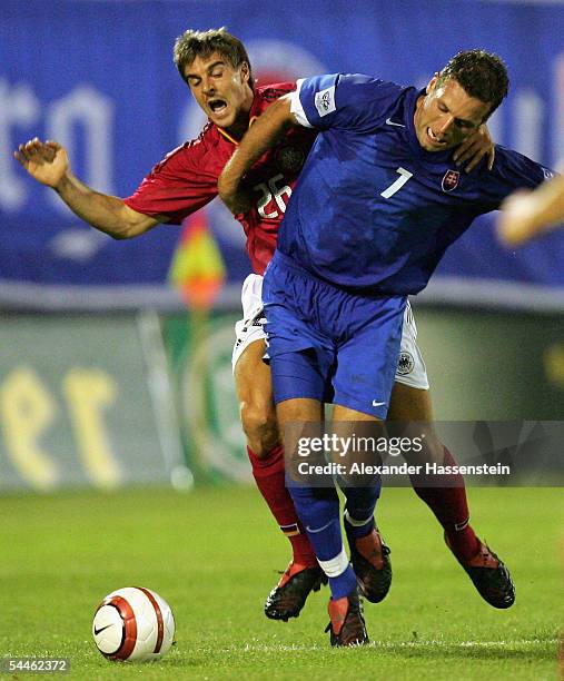 Sebastian Deisler of Germany challenge for the ball with Jozef Valachovic of Slovakia during the friendly match between Slovakia and Germany at the...