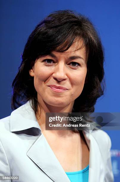 Television presenter Maybrit Illner attends a photocall in advance of the upcoming television debate to be held on September 4, with German...