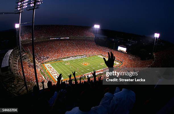 General view of the game between the Texas A&M Aggies and Clemson Tigers at Clemson Memorial Stadium on September 3, 2005 in Clemson, South Carolina.